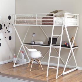 Modern Twin size Bunk Bed Loft with Desk in White Metal Finish